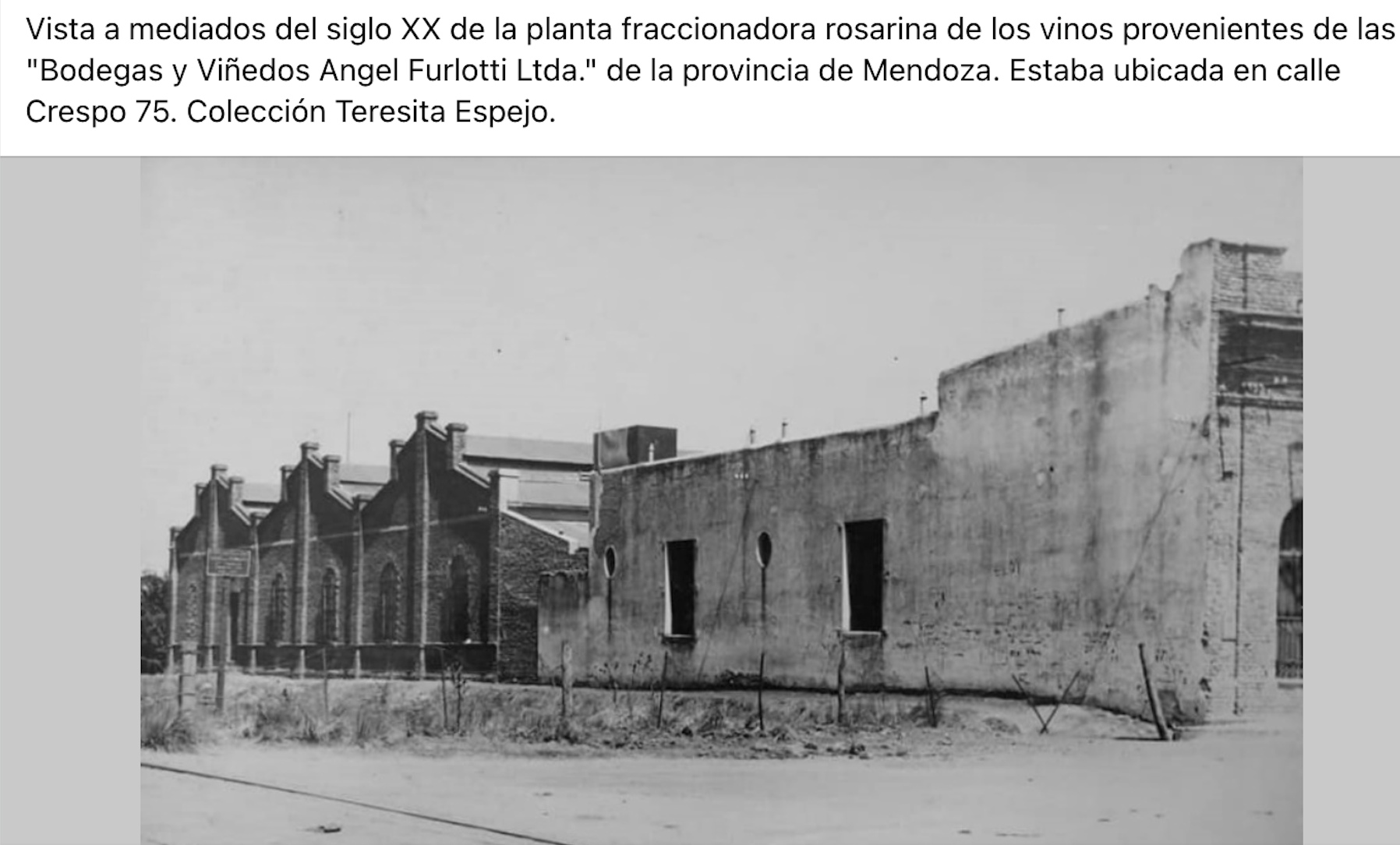 Historical photograph of the Furlotti wine bottling plant in Rosario, Argentina, where wines arriving from Mendoza were received and bottled for distribution. The facility belonged to “Bodegas y Viñed